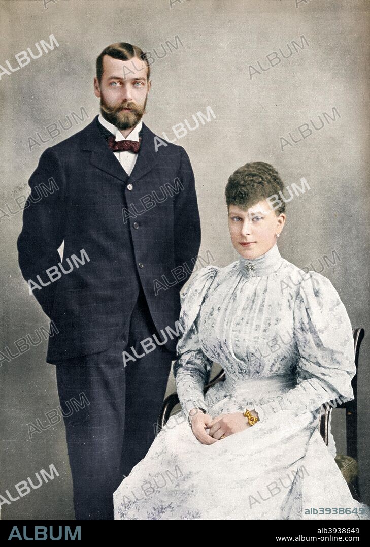 The future King George V and Queen Mary shortly after their marriage, 1893 (1911). From Edward VII: His Life and Times, Volume II, edited by Sir Richard Holmes, K.C.V.O. [The Amalgated Press, Ltd., London, 1911]. (Colorised black and white print).