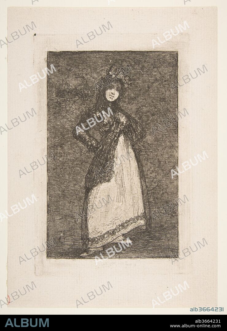 A 'Maja' standing against a dark background (Maja). Artist: Goya (Francisco de Goya y Lucientes) (Spanish, Fuendetodos 1746-1828 Bordeaux). Dimensions: Plate: 7 3/8 × 4 7/8 in. (18.8 × 12.4 cm)
Sheet: 9 1/4 × 6 1/2 in. (23.5 × 16.5 cm).