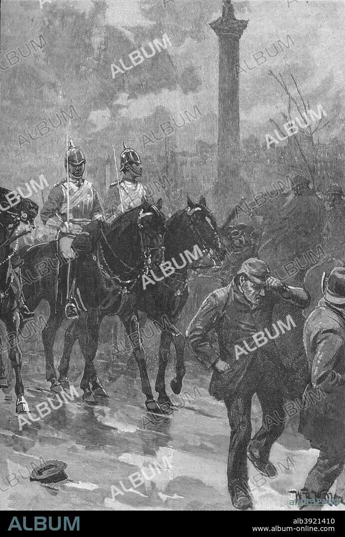 'Bloody Sunday', London, 1887 (1906). The Life Guards holding Trafalgar Square. Police and troops attacked demonstrators protesting against unemployment and British government policy in Ireland and demanding the release of the imprisoned MP William O'Brien. From Cassell's Illustrated History of England, Vol. VIII. [Cassell and Company, Limited, London, Paris, New York & Melbourne, 1906].