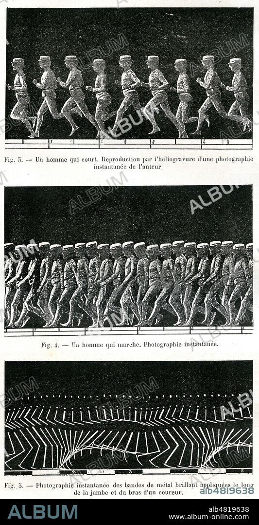 Travaux de Marey (1830-1904) sur la chronophotographie. Illustration tiree de la revue La Nature du 29 septembre 1883. Credit : Collection KHARBINE-TAPABOR.
