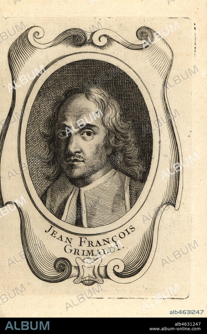 Portrait of Giovanni Francesco Grimaldi, Italian painter, draftsman, printmaker and architect 1606-1680. Jean Francois Grimaldi. Copperplate engraving from Antoine-Joseph Dezallier dArgenvilles Abrege de la vie des plus fameux peintres, Lives of the most Famous Artists, de Bure lAine, Paris, 1762.