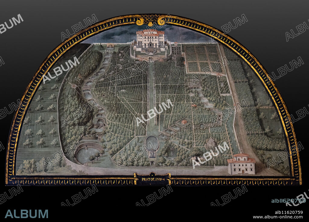 Medici Villa La Petraia: "Medici Villa of Pratolino" in the lunette called "Pratolino", one of the fourteen lunettes by Giusto Utens, Italianized name of Iustus van Utens, 1599-1602. This villa is located in Pratolino, near Vaglia. The lunettes present idyllic aerial views of calligraphic precision, very decorative and precious evidence of the appearance of these buildings in the past. They were painted for the Medici villa of Artimino as an "inventory" (today we would say "cadastre") of the possessions of the Grand Duke Ferdinando I de' Medici, and after various moves, they are preserved today in the Villa La Petraia. Originally there were 17, but only 14 have reached us.