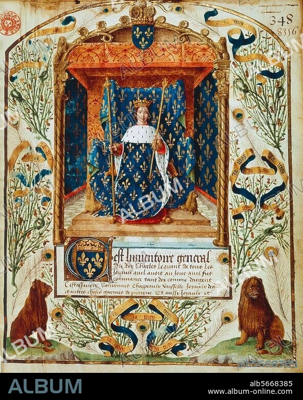 Karl V., der Weise, König von Frankreich. (1364-80); Vincennes 21.1.1338 (a. Q. 1337). - Schloß Beauté-sur-Marne 16.9.1380. Karl V. thronend. Franz. Buchmalerei, 15. Jahrhundert. Ms. Français 2705, Paris, Bibliothèque Nationale.