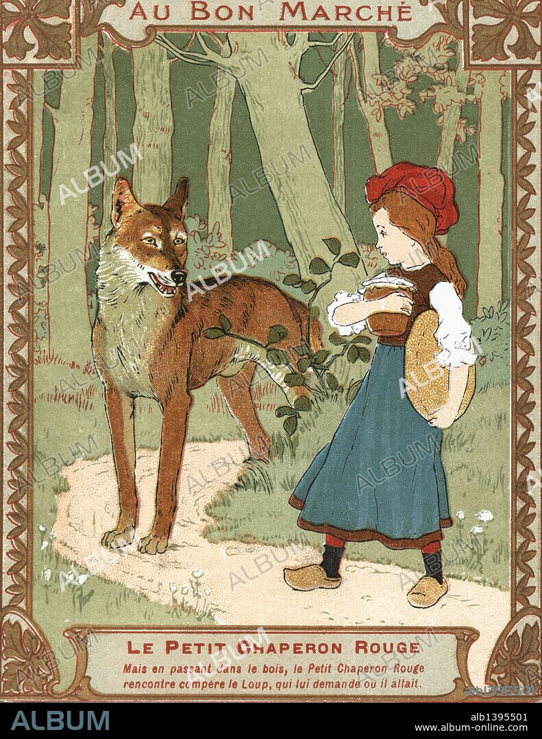 Cromo francés Au Bon Marché con ilustración del cuento La Caperucita roja. Años 1900.