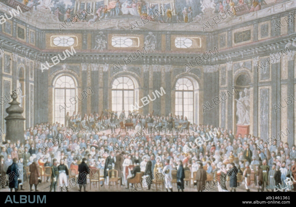 Franz Joseph Haydn (1732-1809). Austrian composer. Orchestra playing The Creation, written between 1796- 1798). University of Vienna (1808). Engraving, 1809. Color.