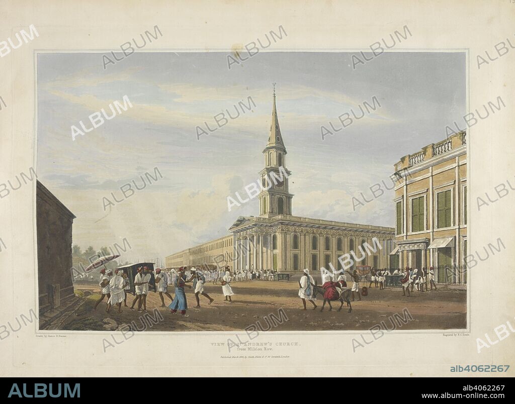 JAMES BAILLIE FRASER. View of St Andrew's church, from Mission Row. The view represented here was taken from the "junction of Mission Row with the Lall Bazaar showing the east facade of the Church and the other Doric portico at the north entrance ... we may note the Oriental Library on the left corner of Fraser's view and St. Andrew's Library opposite." These were bookshops rather than libraries. Views of Calcutta / engraved by Robert Havell. Rodwell and Martin and Smith, Elder & Co., [1824-1826]. Source: X644.(13).