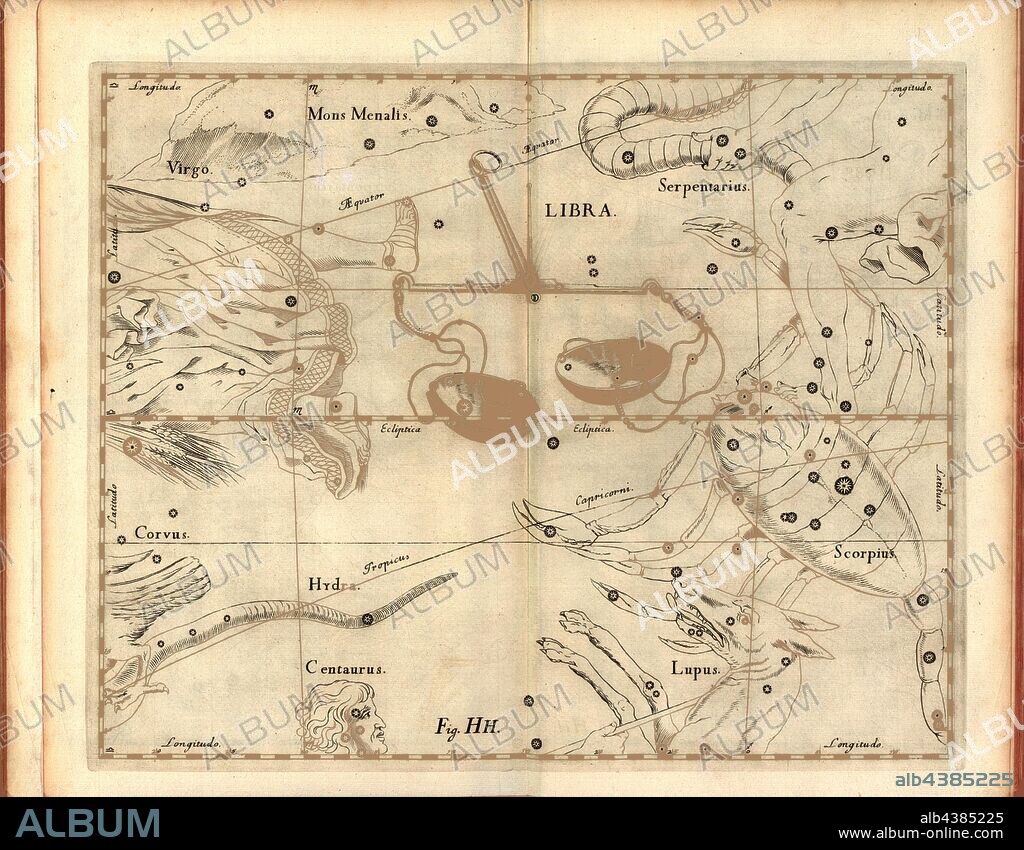 Libra, Map of the constellation Libra, Fig. 36, Fig. HH, p. 21, Johannes Hevelius, Johann Ernst von Schmieden: Johannis Hevelii prodromus astronomiae, exhibens fundamenta, quae tam ad novum planè & correctiorem stellarum fixarum catalogum construendeum, quàm ad onmium planetarum tabulas corrigendas omnimodè spectant; nec non novas & correctiores tabulas solares, aliasque plurimas ad astronomiam pertinentes [...]. Gedani: typis Johannis-Zachariae Stollii, 1690.