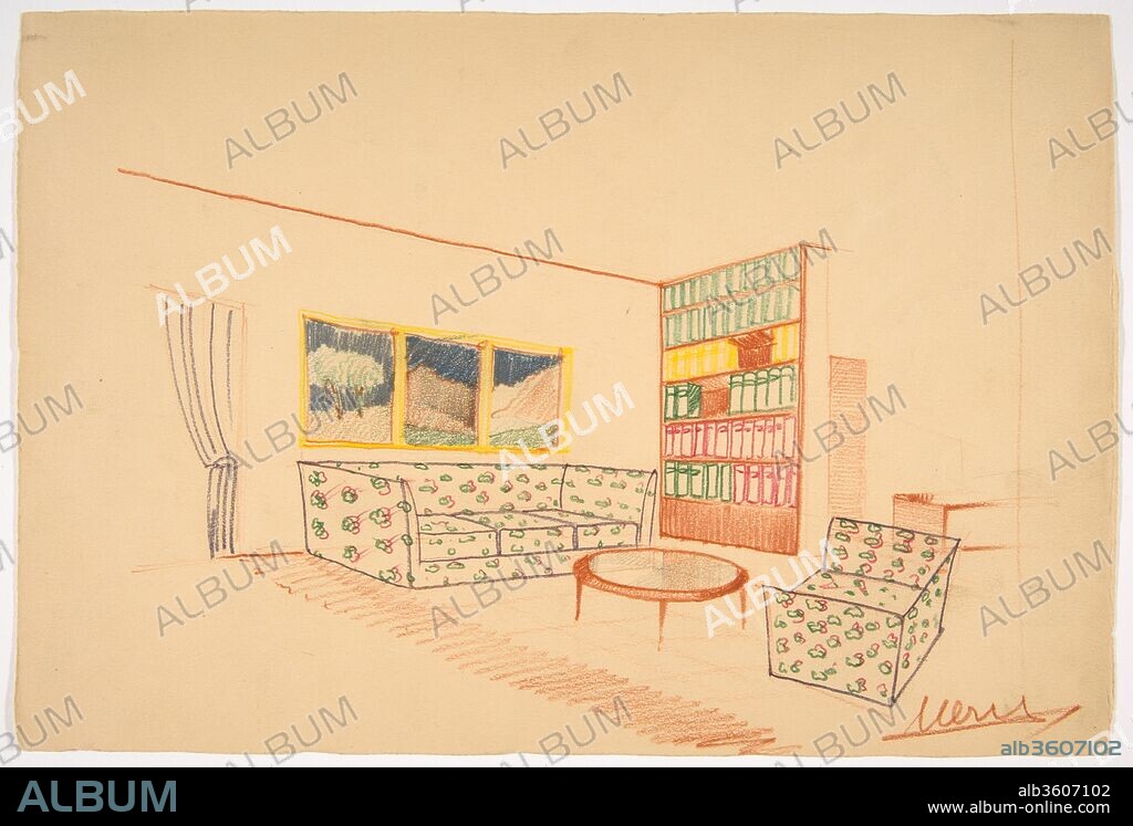 Perspective of Living Room with Bookcase-Divider. Artist: Guglielmo Ulrich (Italian, 1904-1977). Dimensions: sheet: 7 5/16 x 10 7/8 in. (18.6 x 27.7 cm). Date: ca. 1939.
