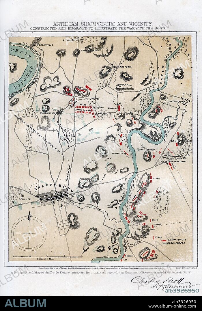 Map of Antietam, Sharpsburg and Vicinity, Maryland, 1862 (1862-1867) The Battle of Antietam, fought on 17 September 1862, was the first battle of the American Civil War to be fought on Union (northern) soil. It was the bloodiest single day battle in American history, with nearly 23,000 casualties. An engraving from volume II of The War with the South : a History of the Late Rebellion, by Robert Tomes, Benjamin G Smith, New York, Virtue & Yorston, 3 Volumes, 1862-1867.
