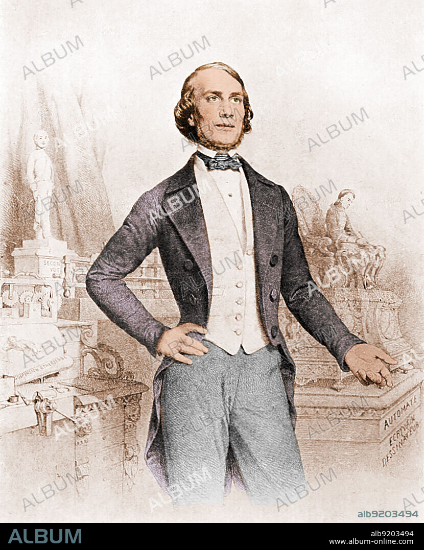 Jean-Eugene Robert-Houdin (1805-1871) was a French watchmaker, magician and illusionist, widely recognized as the father of the modern style of conjuring. American magician and escape artist Harry Houdini (born Ehrich Weiss) adopted the stage name Houdini in honor of him. Colorized.