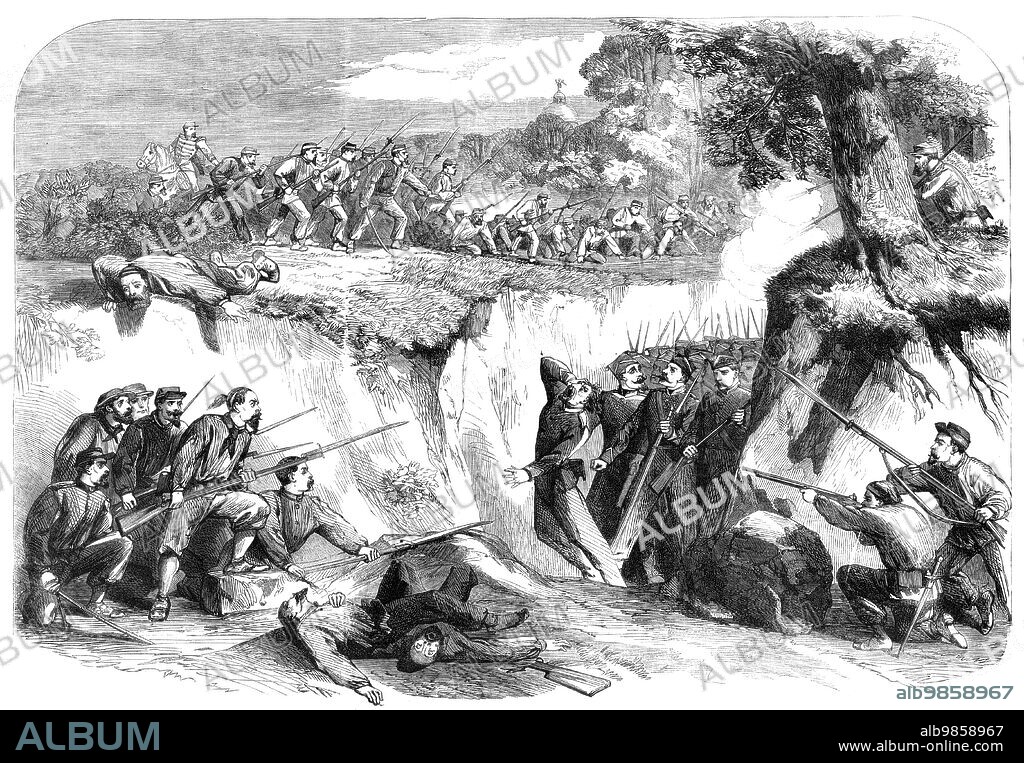 The Battle on the Volturno - the Neapolitan troops passing along a ravine - from a sketch by T. Nast, 1860. War in Italy: Garibaldians ambushing the enemy. From "Illustrated London News", 1860.