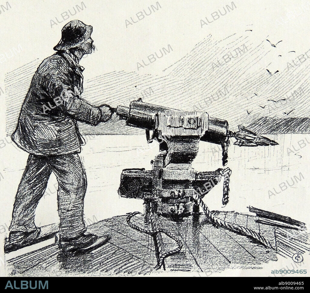 Illustration of Whale Hunting with a Harpoon Gun. A revolutionary method for hunting whales.