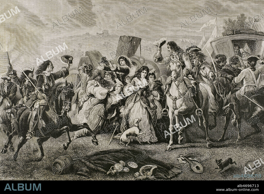 War of the Spanish Succession (1701-1714). Battle of Blenheim (August 13, 1704). The troops of the Grand Alliance, under the command of the Duke of Marlborough and Prince Eugene of Savoy, won a victory over the Franco-Bavarian army. Engraving. La ilustración. Revista hispano-americana, 1884.