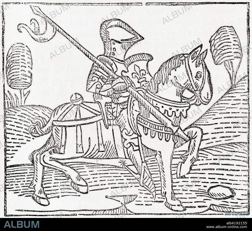 A medieval knight, after a woodcut from Caxton's Game of Chess.   From Old England: A Pictorial Museum, published 1847.