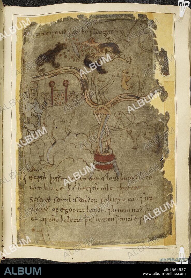Manuscript text and drawing/s. Beowulf. Circa 1000. Source: Cotton Vitellius A. XV, f.101. Language: Anglo-Saxon.