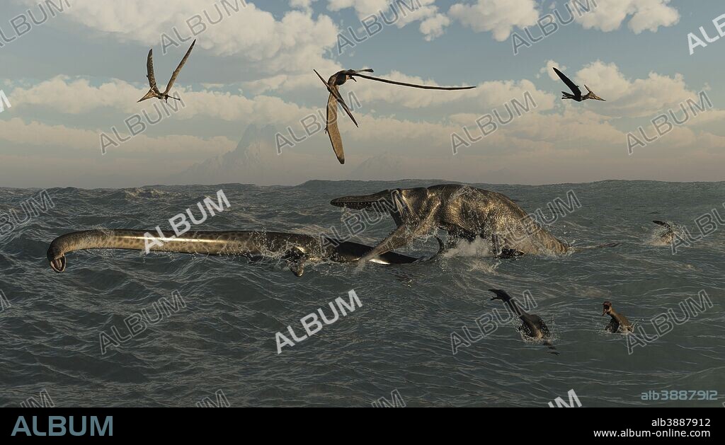 Tylosaurus attacks a Styxosaurus in Cetaceous waters. Tylosaurus was a North American Mosasaur, a sea reptile related to modern monitor lizards, that hunted the Western Interior Seaway throughout most of the late Cretaceous (89-72 million years ago). Among the largest Mosasaurs it can get as long as 50 feet. Styxosaurus is a long necked plesiosaur that grew up to 50 feet long, with nearly half that length being neck, they were not as heavily built as mosasaurs and would sometimes end up as a Tylosaurs' prey.