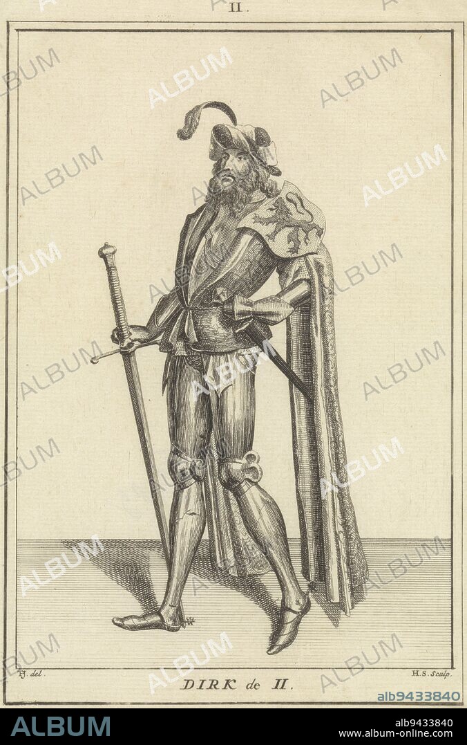 Portrait of Dirk II, Count of Holland, standing to the left in armor and cloak. On his shoulder the coat of arms of Holland and in his hand a sword. Top center: II. Portrait of Dirk II, Count of Holland, print maker: Hendrik Spilman, (mentioned on object), intermediary draughtsman: Tako Hajo Jelgersma, (mentioned on object), after: anonymous, Haarlem, 1745, paper, etching, h 192 mm × w 135 mm.