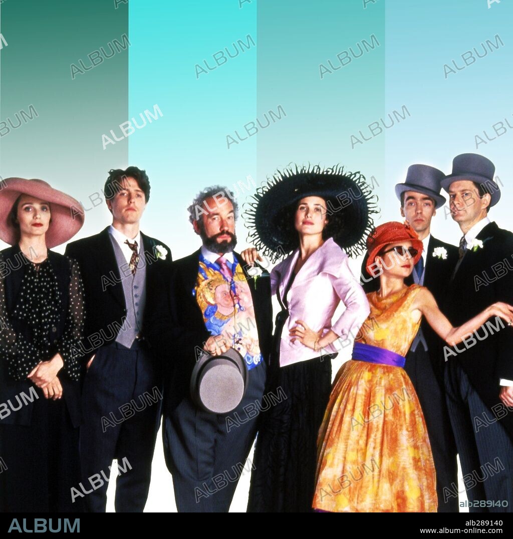 ANDIE MacDOWELL, CHARLOTTE COLEMAN, HUGH GRANT, KRISTIN SCOTT THOMAS and SIMON CALLOW in FOUR WEDDINGS AND A FUNERAL, 1994, directed by MIKE NEWELL. Copyright GRAMERCY PICTURES.