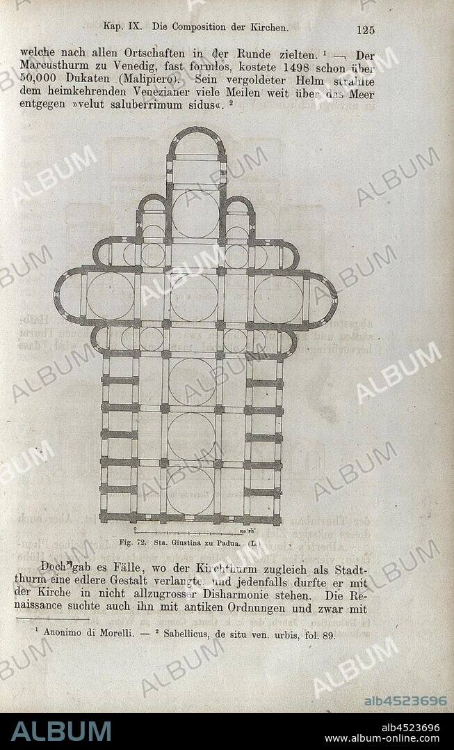 Sta. Justice you Padua, Floor plan of the Basilica of Santa Giustina in Padua, Fig. 72, p. 125, 1867, Jacob Burckhardt; Wilhelm Lübke: Geschichte der neueren Baukunst. Stuttgart: Verlag von Ebner & Seubert, 1867.