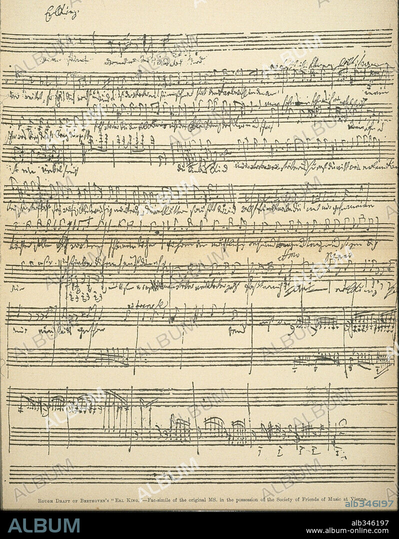 Ludwig van Beethowen, german composer, master of classical music, composed "Ninth Symphony". 1817-23 when totally deaf.Rough Draft of Beethoven's Erl King.