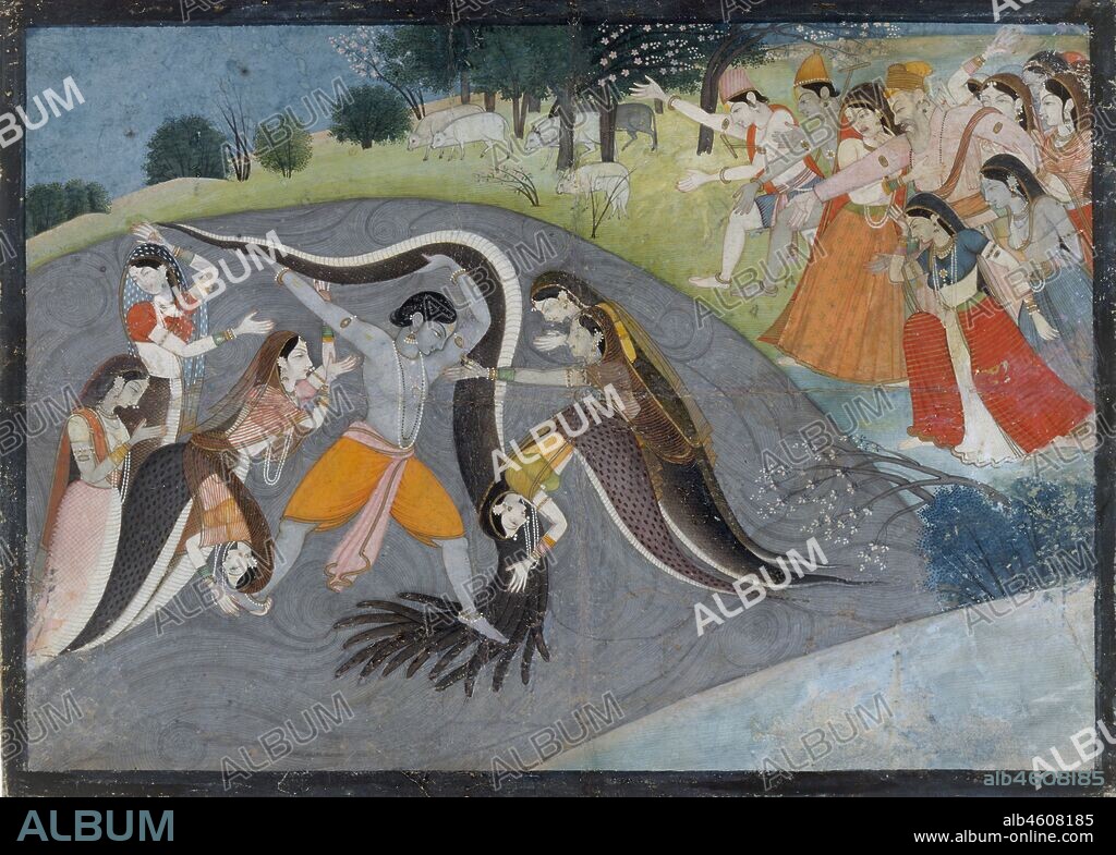 Krishna Subduing Kaliya, the Snake Demon: Folio from a Bhagavata Purana Series , ca. 1785. Krishna battles Kaliya, a hundred-headed serpent (naga) who was poisoning the river Yamuna.