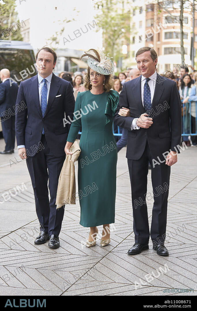 Pedro de Borbon-Dos Sicilias and Orleans, Duke Of Calabria, Sofia Landaluce and Melgarejo, Prince Jaime, Duke of Noto arrives at the wedding of Jose Luis Martinez Almeida, major of Madrid, and Teresa Urquijo at Sagrado Corazon and San Francisco de Borja Church on April 6, 2024 in Madrid, Spain.