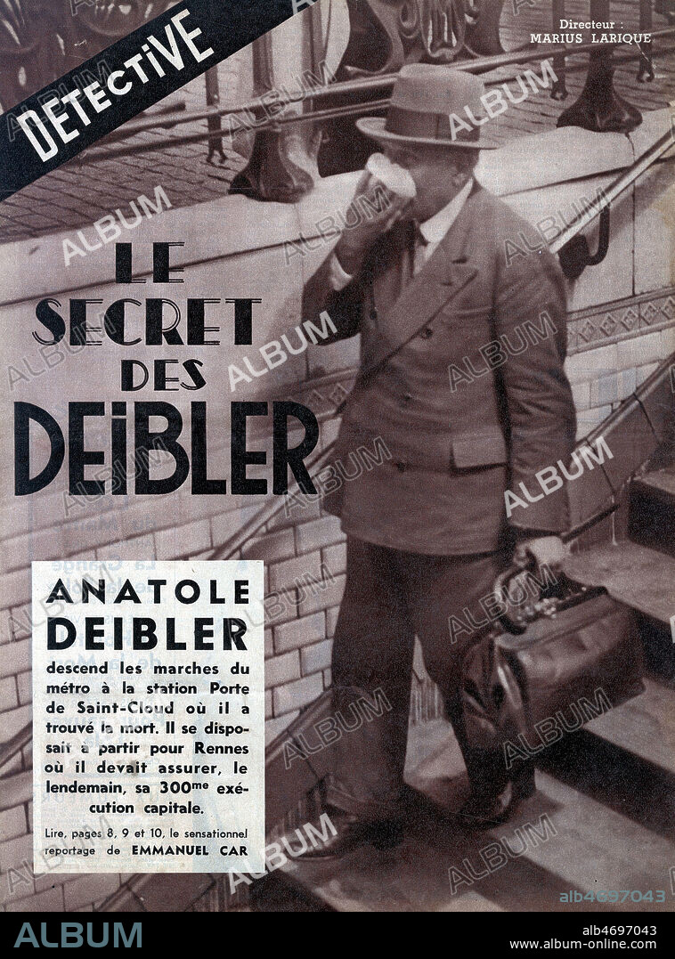 Le secret des DEIBLER. Anatole DEIBLER (1863-1939) descend les marches du metro a la Porte St Cloud ou il a trouve la mort. Photographie anonyme pour Detective du 9 fevrier 1939. Credit : Collection Kharbine-Tapabor.