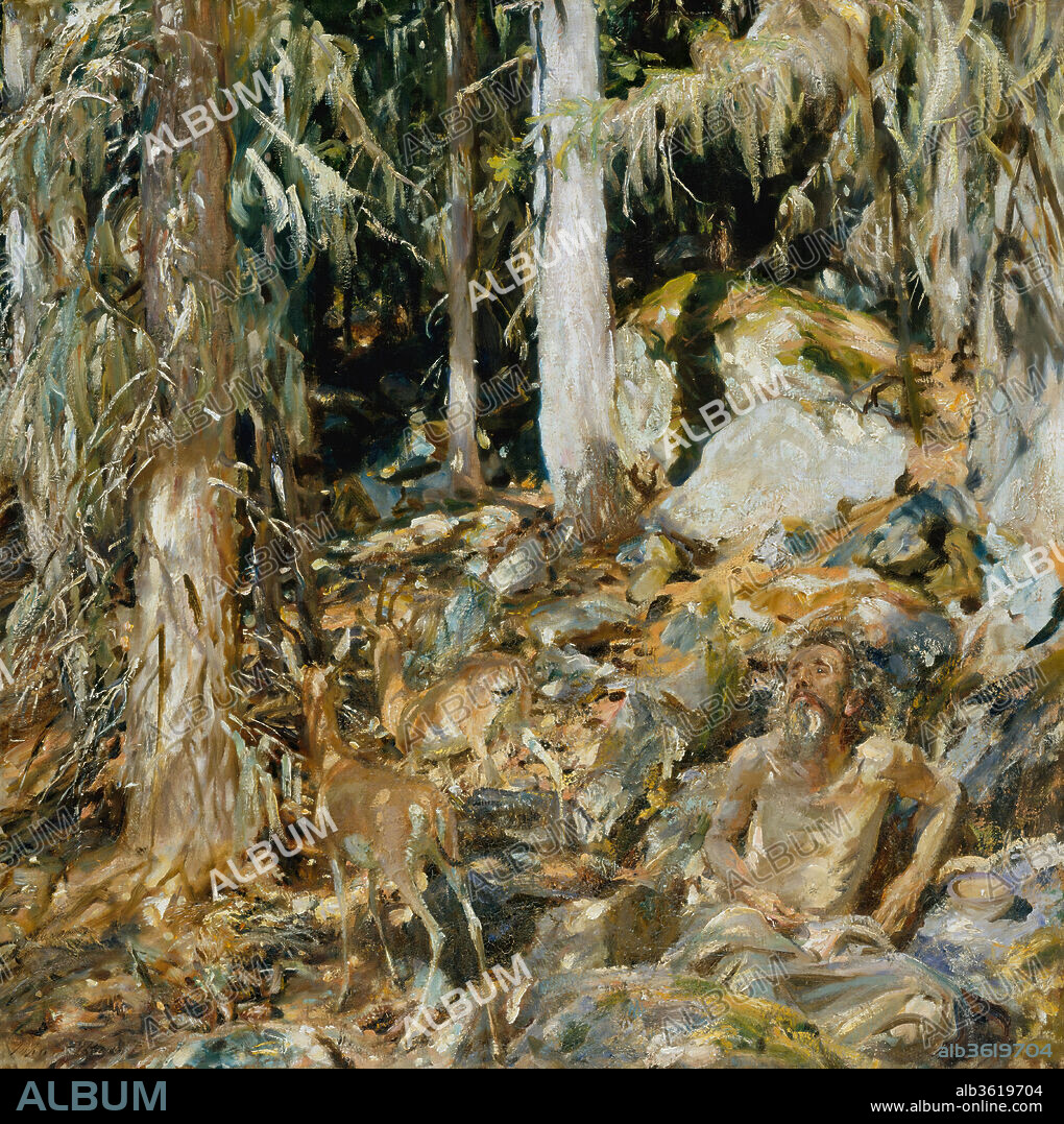 The Hermit (Il solitario). Artist: John Singer Sargent (American, Florence 1856-1925 London). Dimensions: 37 3/4 x 38 in. (95.9 x 96.5 cm). Date: 1908.
Sargent based this painting on sketches he had made in Val d'Aosta, in the foothills of the Alps, in northwestern Italy. Although he seems to have been preoccupied with rendering the sundappled landscape in textured brushstrokes, he also included two deer (contrived from a stuffed specimen) and a male figure that evokes religious personages such as Saint Jerome. Yet, when approving The Hermit as the translated title of the picture, Sargent wrote to the director of the Metropolitan, "I wish there were another simple word that did not bring with it any Christian association, and that rather suggested quietness and pantheism.".