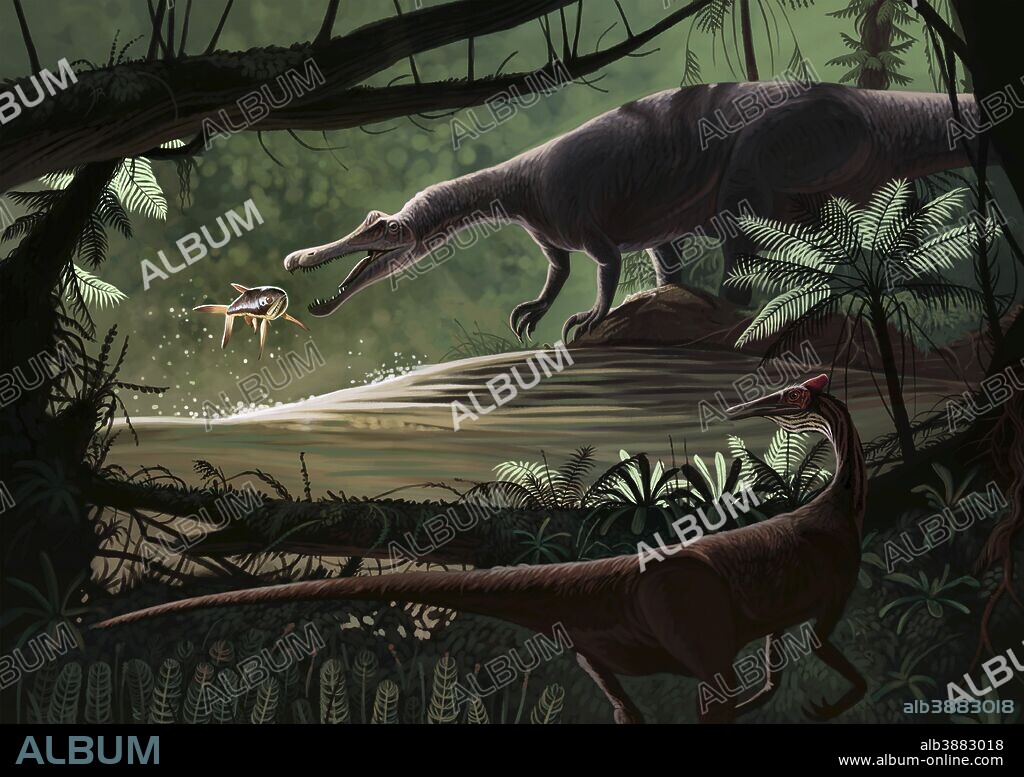 Baryonyx walkeri fishing on the migration of Catharus, while a Pelecanimimus polyodon prowls the opposite bank, in a river of the late Barremian (Early Cretaceous) of Spain.