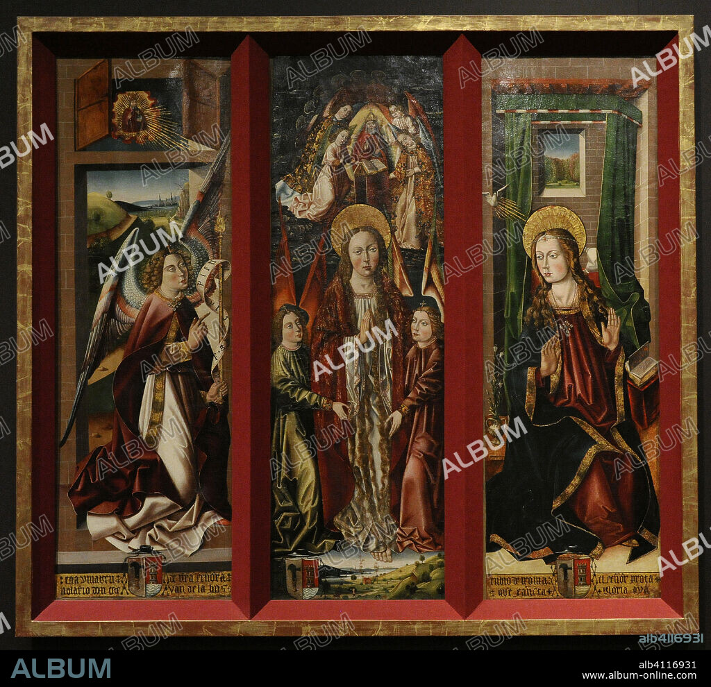 Triptych panels. Gothic. Last quarter of the 15th century. They formed part of an altarpiece presided over by a copy of the Virgin and Child, the original of which is located in the church of Santa Maria del Popolo in Rome. In the center, the Assumption of Saint Mary Magdalene. On the sides, the Annunciation. Oil on panel. Height: 114 cm, width: 37.5 cm. From the Monastery of Santa María de la Hoz (Sebúlcor, province of Segovia, Spain). National Archaeological Museum. Madrid. Spain.