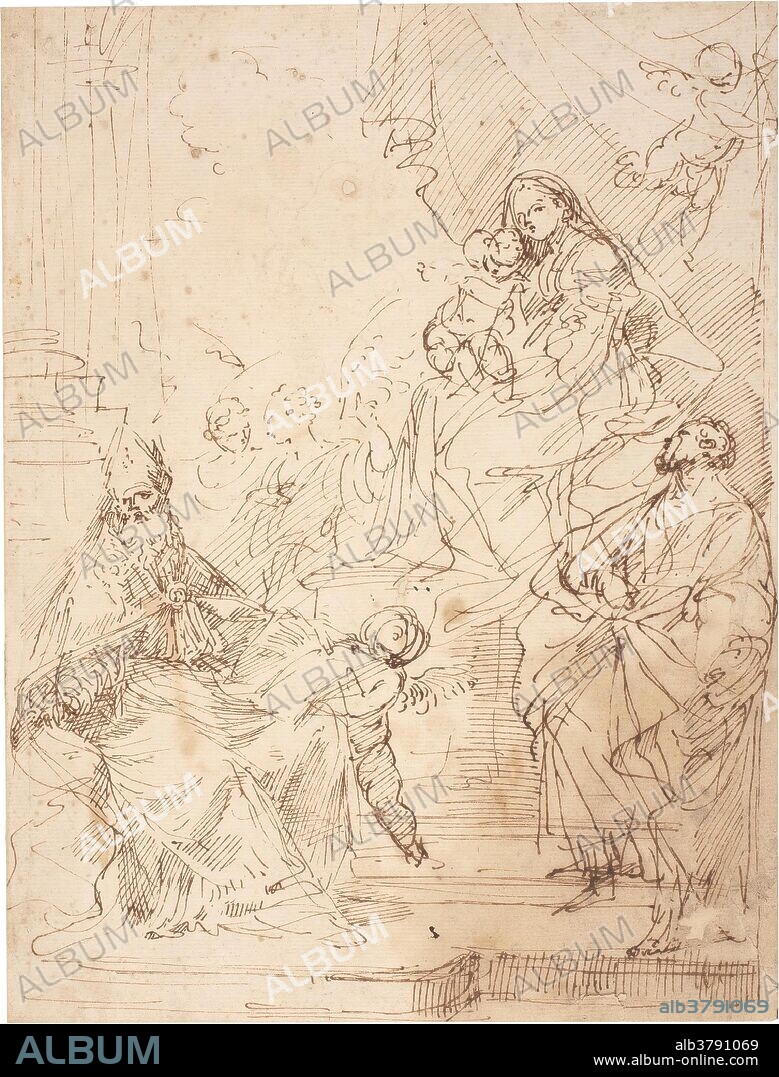 Donato Creti / 'Virgen con el Niño y santos'. Principio del siglo XVIII. Pluma sobre papel agarbanzado, 246 x 188 mm.