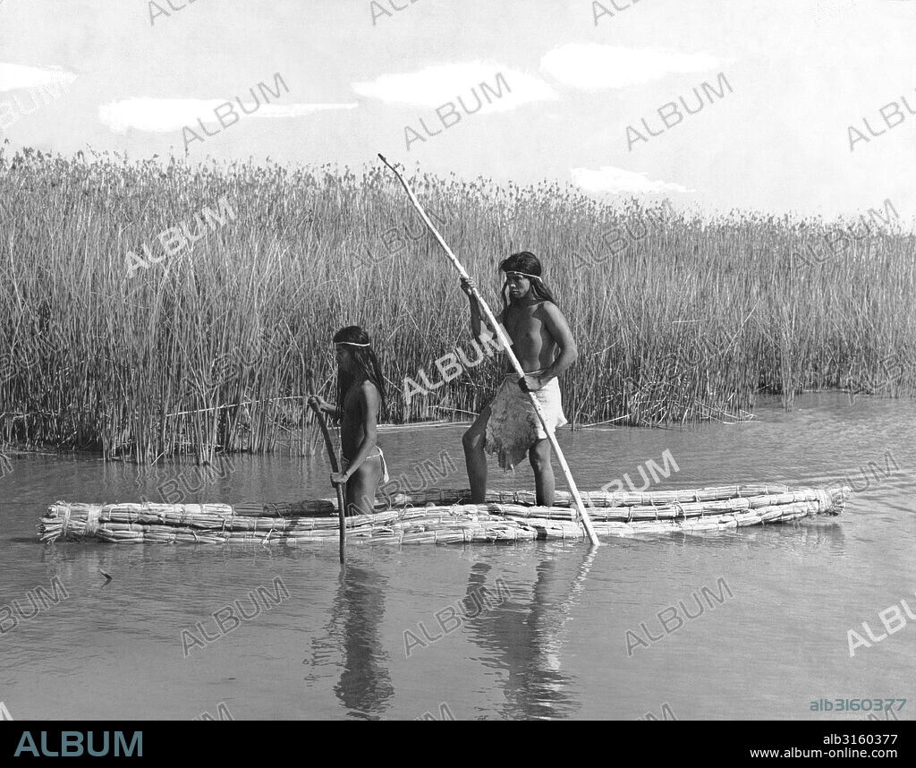 California: c. 1930 California Native Americans used tule boats for fishing and hunting on lakes and lagoons. The tule boats floated because of the air held in each tule stem. This particular kind of tule boat is called a balsa.