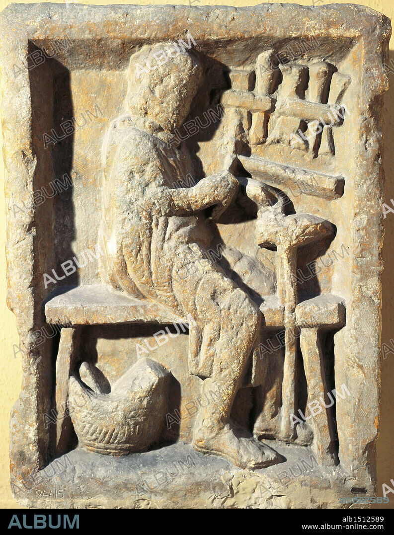 Roman civilization, 2nd century A.D. Relief depicting an artisan workshop: shoemaker at work.