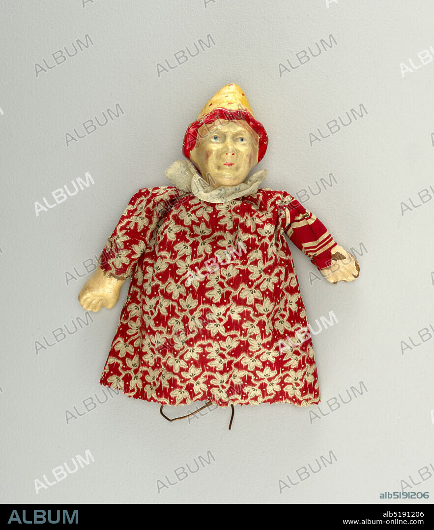 Puppet, Painted papier-mâché, woven cloth, Peaked sugarloaf hat, spotted with red brim. Shirt of cotton printed with a black foliate design against a red field, with white reserve. Blue ruff., Germany, late 19th century, theater, Decorative Arts, Puppet.