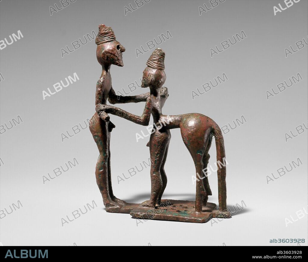 Bronze man and centaur. Culture: Greek. Dimensions: H. 4 3/8 in. (11.10 cm). Date: mid-8th century B.C..
Half man, half horse, the centaurs were thought to inhabit remote wooded areas. In much of Greek art, they appear in combat with humans and, by implication, are the antithesis of civilized men. The classic rendering of this subject can be seen in the metopes of the Parthenon in Athens. It is, however, already fully presented in this bronze statuette. The outcome of the conflict is indicated by the end of the spear preserved in the centaur's left flank and by the greater height of the man.