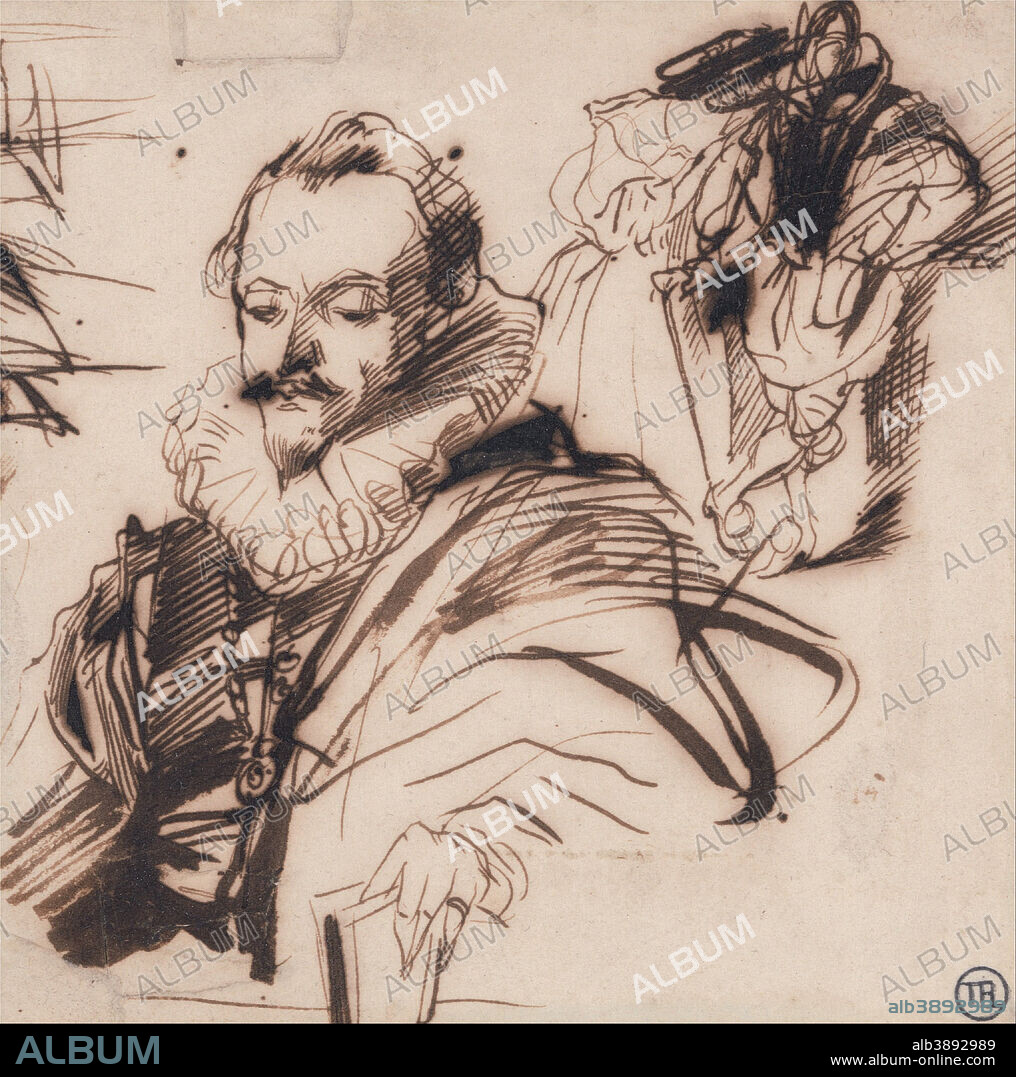 RICHARD PARKES BONINGTON. Study of a Gentleman in 17th Century Costume, After Van Dyck. Date/Period: Between 1827 and 1828. Drawing. Brown ink on medium, slightly textured, cream wove paper. Height: 117 mm (4.60 in); Width: 114 mm (4.48 in).