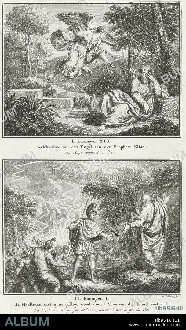 Elijah awakened by an angel and an officer is consumed by fire together with fifty soldiers, Jacob Folkema, 1791, Two biblical representations from 1 Kings 19 and 2 Kings 1. Elijah is awakened by an angel, and an officer sent by King Ahaziah is consumed by fire together with fifty soldiers. Two representations of one plate, each titled in Dutch and French. Numbered in the lower right: 63., print maker: Jacob Folkema, (mentioned on object), publisher: Johannes de Groot (II), publisher: Abraham Blussé & Zoon, publisher: Amsterdam, publisher: Dordrecht, 1791, paper, etching, h 332 mm × w 198 mm.