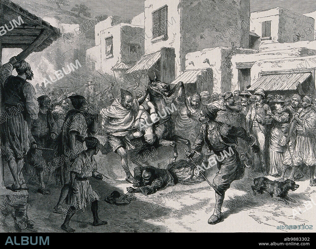 A woman is tortured by being strapped naked to a horse and dragged through a town, Historical, digitally restored reproduction from a 19th century original.