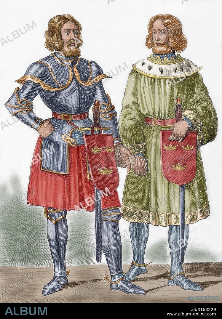 KNUT ERIKSSON (CANUTO I DE SUECIA) (1143-1196). Rey de Suecia de 1167 hasta su fallecimiento. ERIK X KNUTSSON (1180-m. Visingsö, Suecia, 1216). Rey de Suecia (1208-1216) salió victorioso en Lena (1208) en su enfrentamiento contra los daneses. Grabado donde se representa a CANUTO I CON SU HIJO ERIK. Dibujado por Vernier. Grabado por Masson. Coloreado.