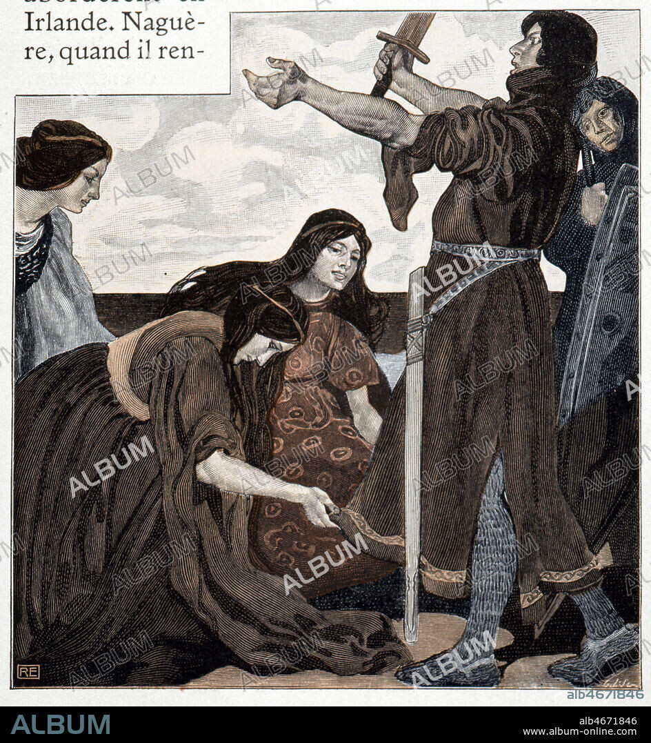 Le roi d'Irlande menace de ravager la Cornouaille du roi Marc s'il refuse de lui livrer 300 jeunes garcons et 300 jeunes filles. Le Morholt, chevalier geant et invincible, porte le message a la cour. Tristan l'affronte sur l'ile de Saint Samson et revient victorieux apres avoir tue l'adversaire. Illustration par Robert ENGELS (1866-1926) pour le Roman de Tristan et Iseul, edition de 1939. Credit : Collection KHARBINE-TAPABOR.