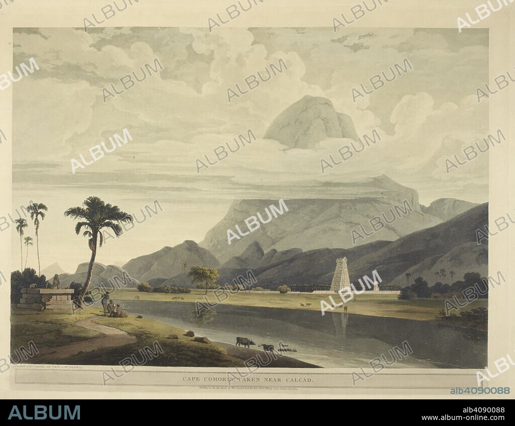 WILLIAM DANIELL y THOMAS DANIELL. Cape Comorin, taken near Calcud. Oriental Scenery.] Twenty Four Landscapes, Views in Hindoostan; drawn and engraved by Thomas and William Daniell. (The fourth series.) [With descriptive letterpress.]. 2 vol. Thos Daniell: London, 1807 [1804-07]. Source: Tab.599.a,b.(4) plate I. Language: English.