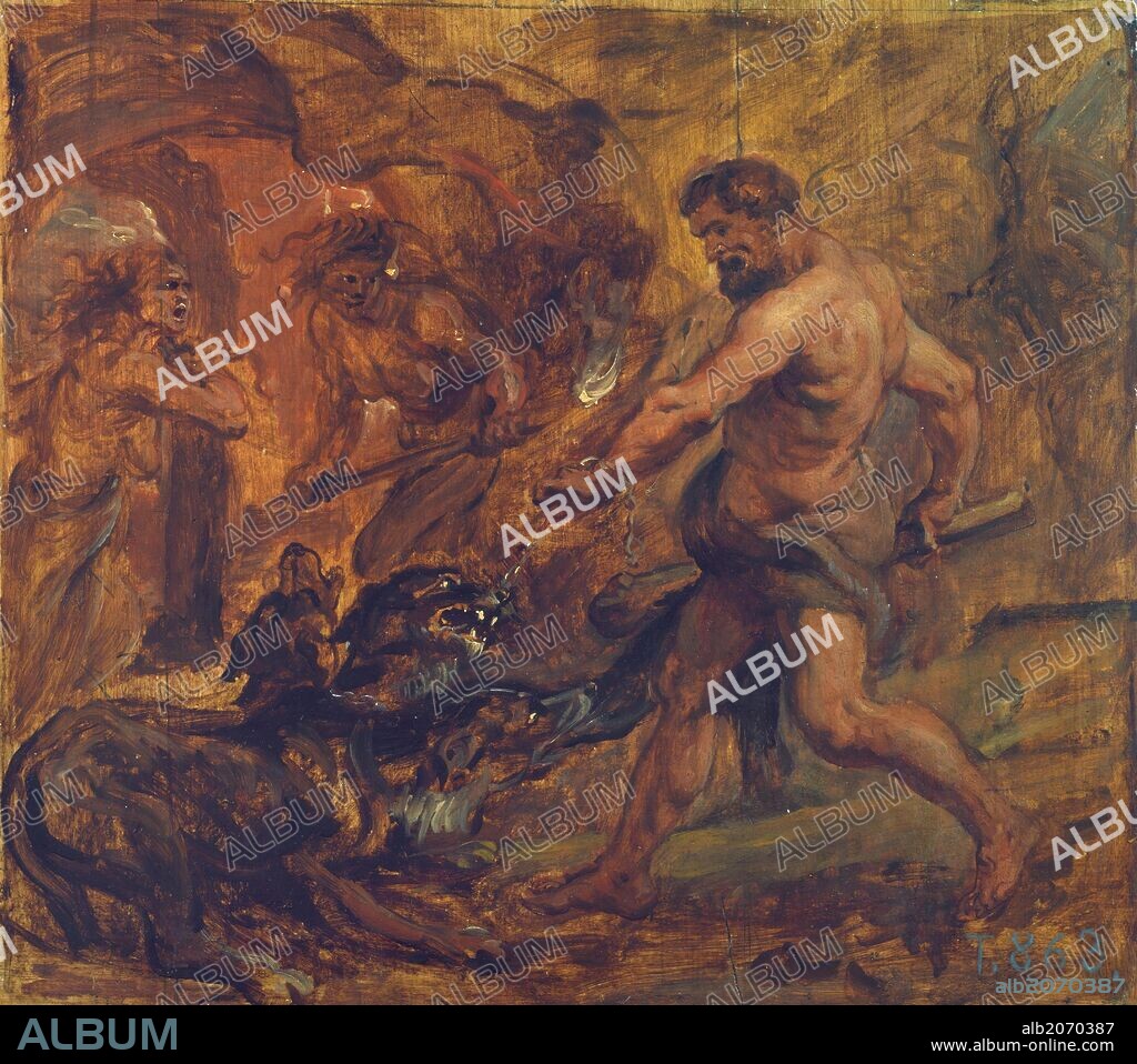 PETER PAUL RUBENS. Pedro Pablo Rubens / 'Hércules y el Cancerbero', 1636-1637, Escuela Flamenca, Óleo sobre Tabla, 28 cm x 31,6 cm, P02043.