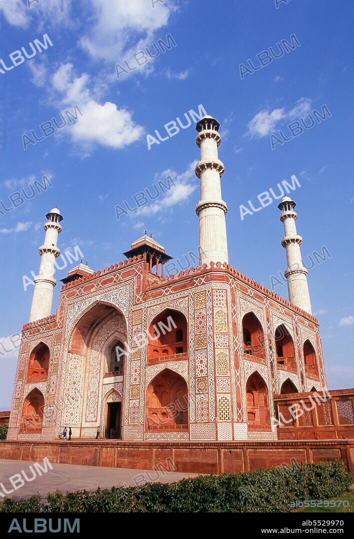 The Tomb of the the third Mughal Emperor Akbar (r. 1556-1605) is an important Mughal architectural masterpiece, built 1605-1613 and set in 48 Ha (119 acres) of grounds in Sikandra, a suburb of Agra, Uttar Pradesh, India. Emperor Akbar himself commenced its construction around 1600, according to Central Asian tradition to commence the construction of one's tomb during one's lifetime. Akbar himself planned his own tomb and selected a suitable site for it, after his death, Akbar's son Jahangir completed the construction in 1605-1613. The south gate is the largest, with four white marble chhatri-topped minarets which are similar to (and pre-date) those of the Taj Mahal, and is the normal point of entry to the tomb. The tomb itself is surrounded by a walled enclosure 105 m square. The tomb building is a four-tiered pyramid, surmounted by a marble pavilion containing the false tomb. The true tomb, as in other Mughal mausoleums, is in the basement. The buildings are constructed mainly from a deep red sandstone, enriched with features in white marble. Decorated inlaid panels of these materials and a black slate adorn the tomb and the main gatehouse. Panel designs are geometric, floral and calligraphic, and prefigure the more complex and subtle designs later incorporated in Itmad-ud-Daulah's Tomb.