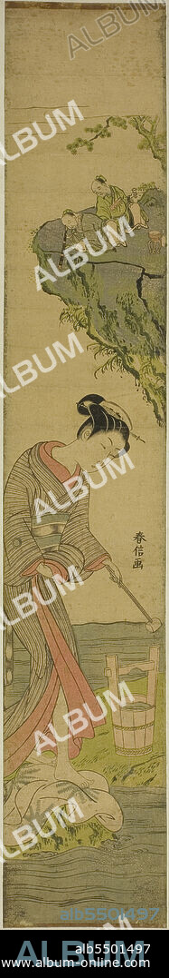 SUZUKI HARUNOBU. Two Sages Gazing at a Beauty Treading Cloth (parody of Kume Sennin), c. 1769.
