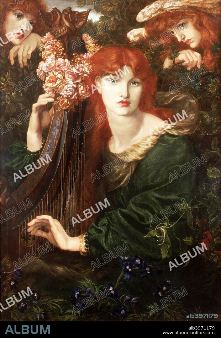 'La Ghirlandata', 1873. A red-haired woman with sensuous red lips plays a harp garlanded with flowers. She looks dreamily into the distance, framed by angels, modelled by May Morris.