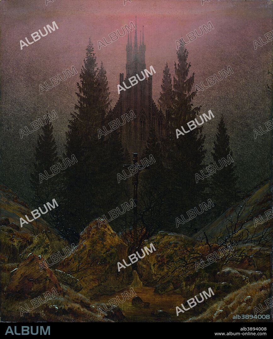 CASPAR DAVID FRIEDRICH. Kreuz und Kathedrale im Gebirge Cross and cathedral in the mountains Croix et cathédrale dans la montagne. Date/Period: Ca. 1812. Painting. Oil on canvas. Height: 45 cm (17.7 in); Width: 38 cm (14.9 in).
