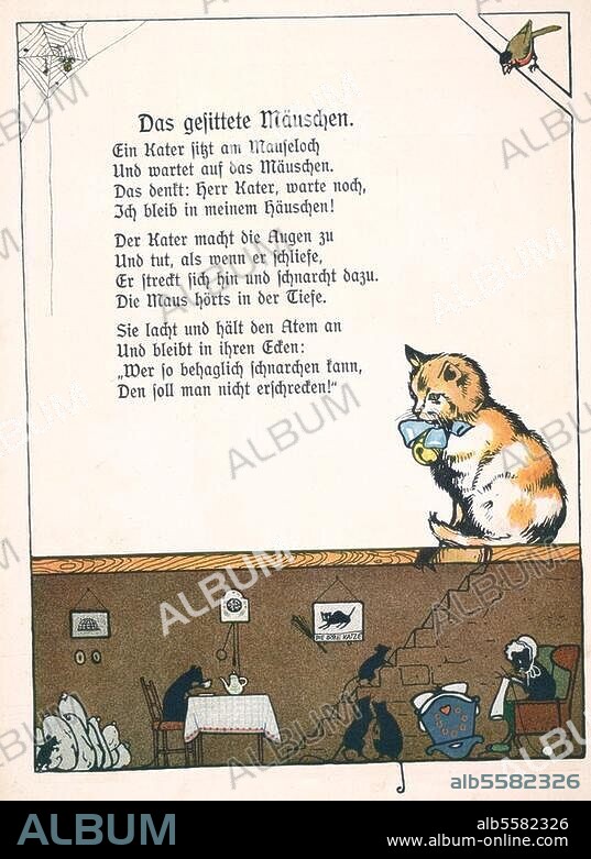 Tier in Menschenrolle. "Das gesittete Mäuschen". Farbdruck aus: Mit Sang und Klang das Jahr entlang! Neue Kinderlieder von Carl Ferdinands. Mit bunten Bildern von Hans von Volkmann, Else Rehm-Vietor und Reinhold Hansche. 2. Aufl., Leipzig (Alfred Hahn) o. J. (um 1910), S. 38. Berlin, Sammlung Archiv für Kunst und Geschichte.