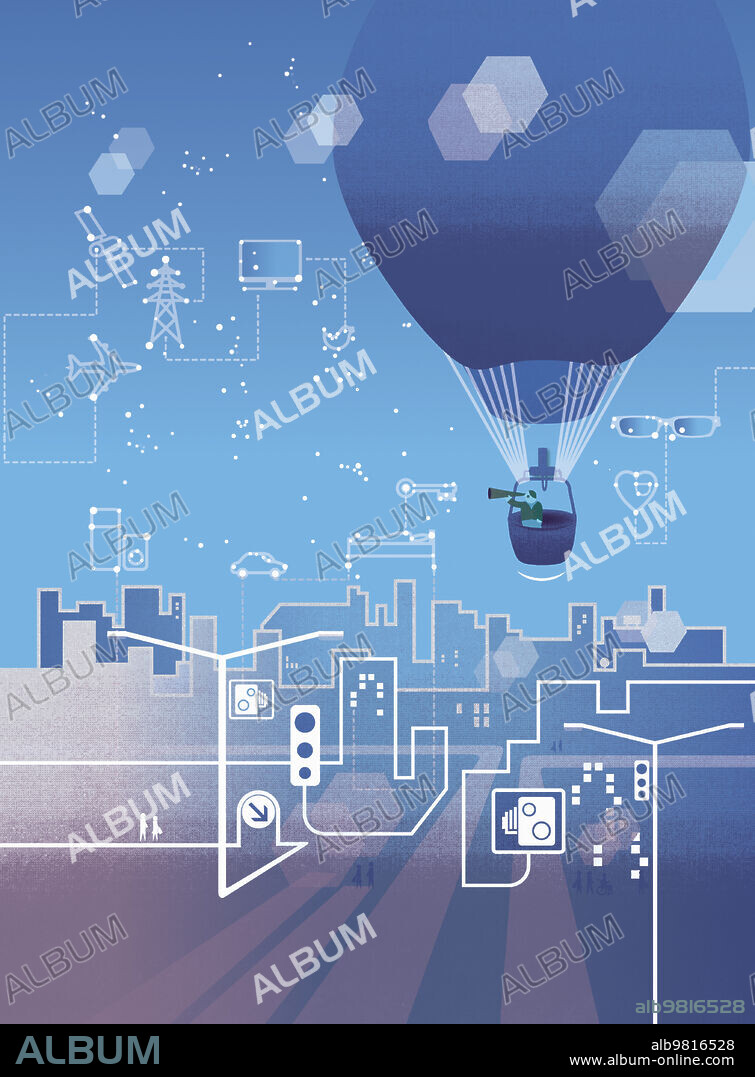 Man floating in hot air balloon searching for key to internet of things city.