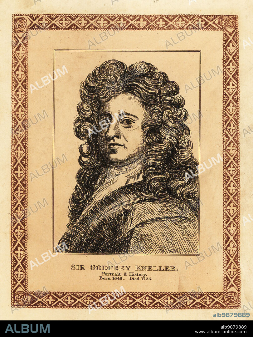 Self-portrait of Sir Godfrey Kneller, 1st Baronet, 1646-1723, portrait painter in England during the late 17th and early 18th centuries, court painter to British monarchs from King Charles II to King George I. Tinted etching within a decorative border by John Girtin after a self-portrait by Kneller from John Girtins Seventy-Five Portraits of Celebrated Painters from Authentic Originals, J. MCreery, London, 1817.