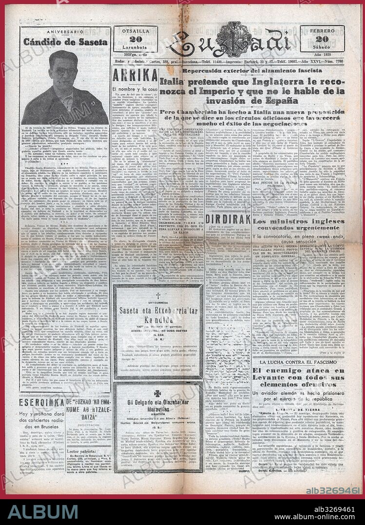 España. Guerra civil (1936-1939). Portada del periódico vasco Euzkadi, editado en Barcelona, febrero de 1938.
